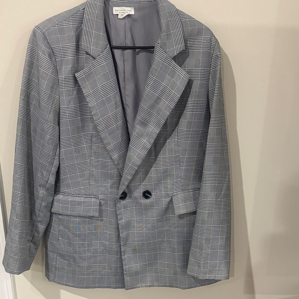 Plaid Double Breasted Blazer Women Oversized Chic Workwear Neutral Preppy Jacket